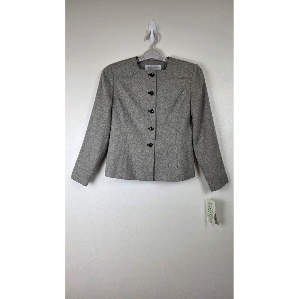 Larry Levine Petite Suits Blazer Womens 6P Black White Lined Collarless Jacket